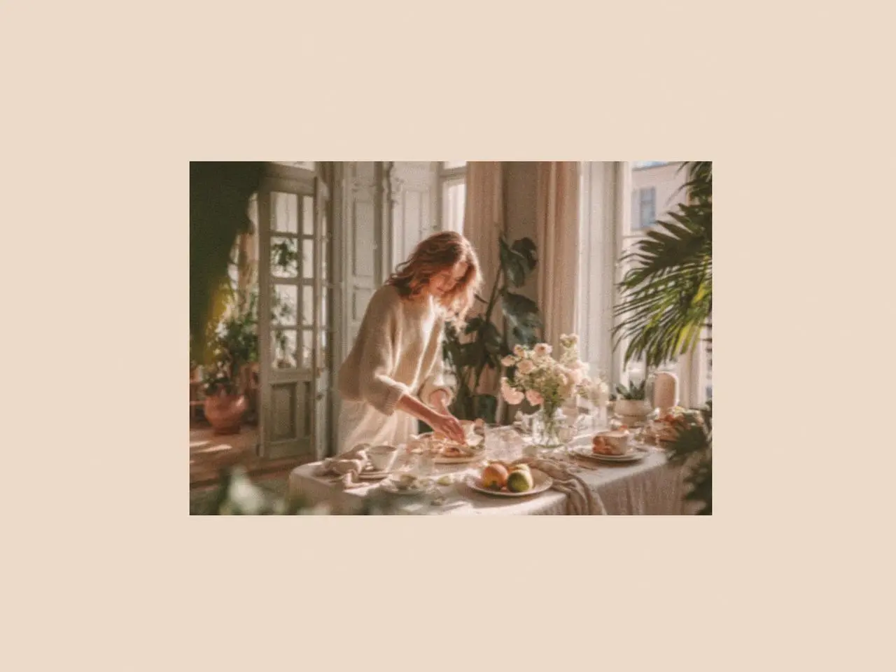Light-filled dining table styled with linen napkins, ceramic plates, and fresh flowers, featuring elegant dining table accessories that create a soft and welcoming spring in UK table setting.