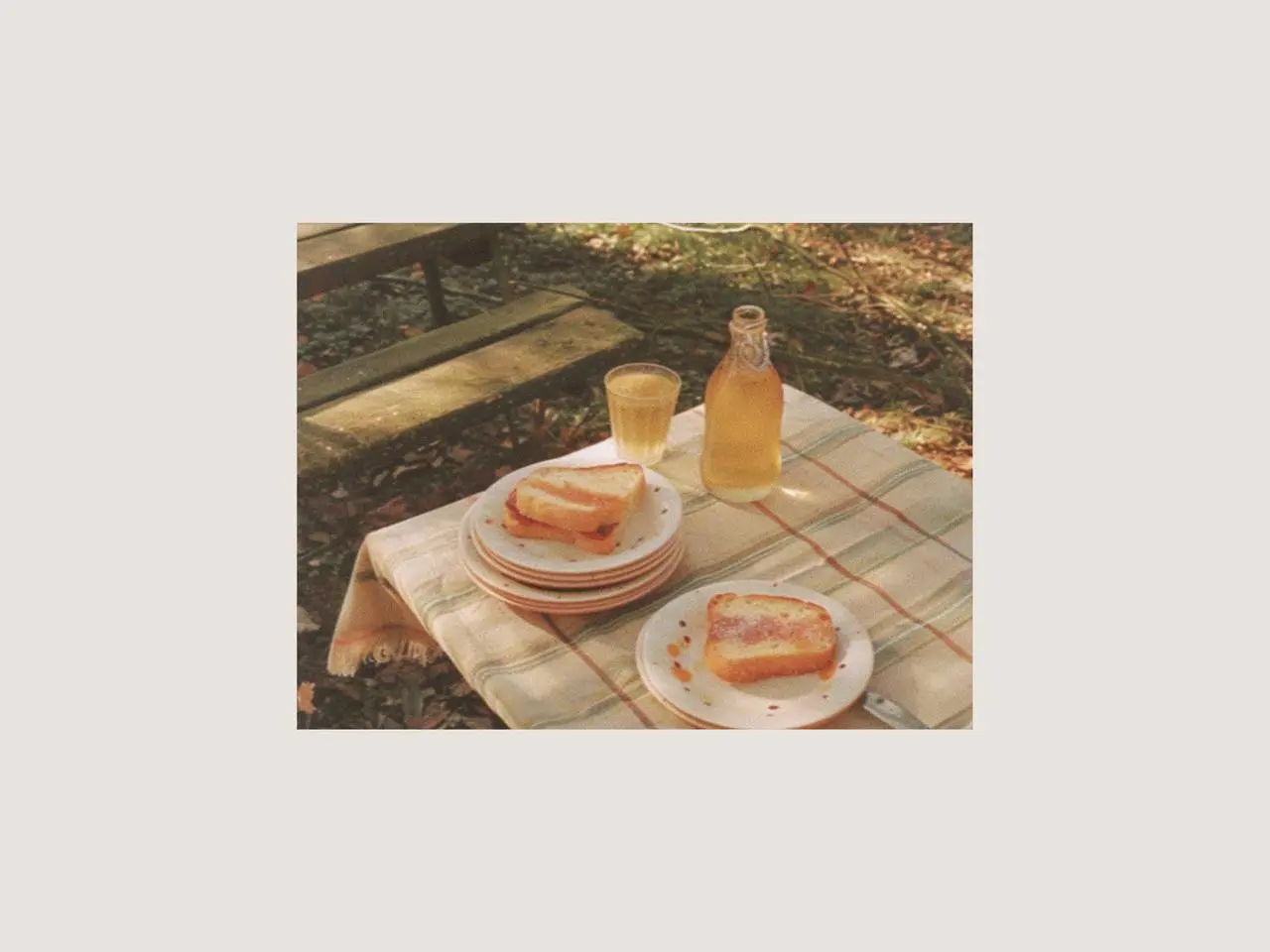 Stacked ceramic painting plates with sandwiches and drinks on a picnic table, styled with picnic cutlery and a coordinated picnic dinnerware set for a relaxed family picnic or picnic afternoon tea outdoors.