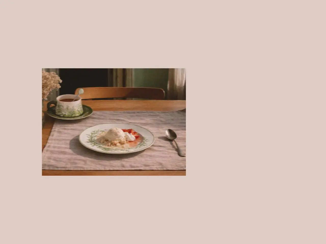 Strawberry dessert served on ceramic easter plates with matching easter mugs and floral tableware, creating a sweet easter table setting inspired by lily of the valley gifts and soft evening light.