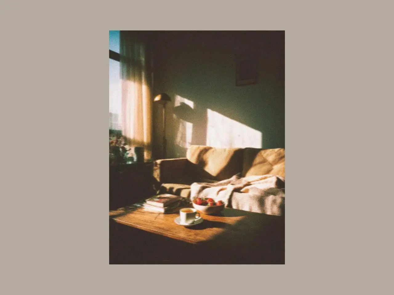 Cozy living room coffee table with ceramic easter mugs, fresh strawberries, and soft light, creating a sweet easter atmosphere inspired by strawberry fools and longer sunset times for March.