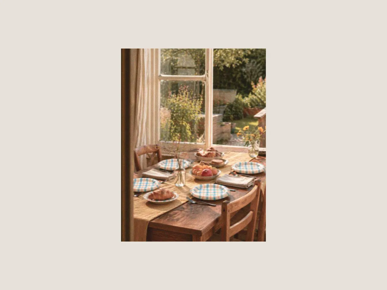 Wooden dining table with patterned ceramic plate, picnic cutlery, and light dishes by an open window, creating a relaxed family picnic and picnic afternoon tea setting during spring in the UK.