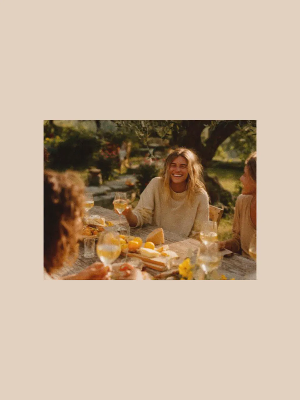 Friends enjoying a family picnic with salad plates, picnic cutlery, and picnic accessories on a wooden table, creating a relaxed picnic afternoon tea atmosphere in warm outdoor light.