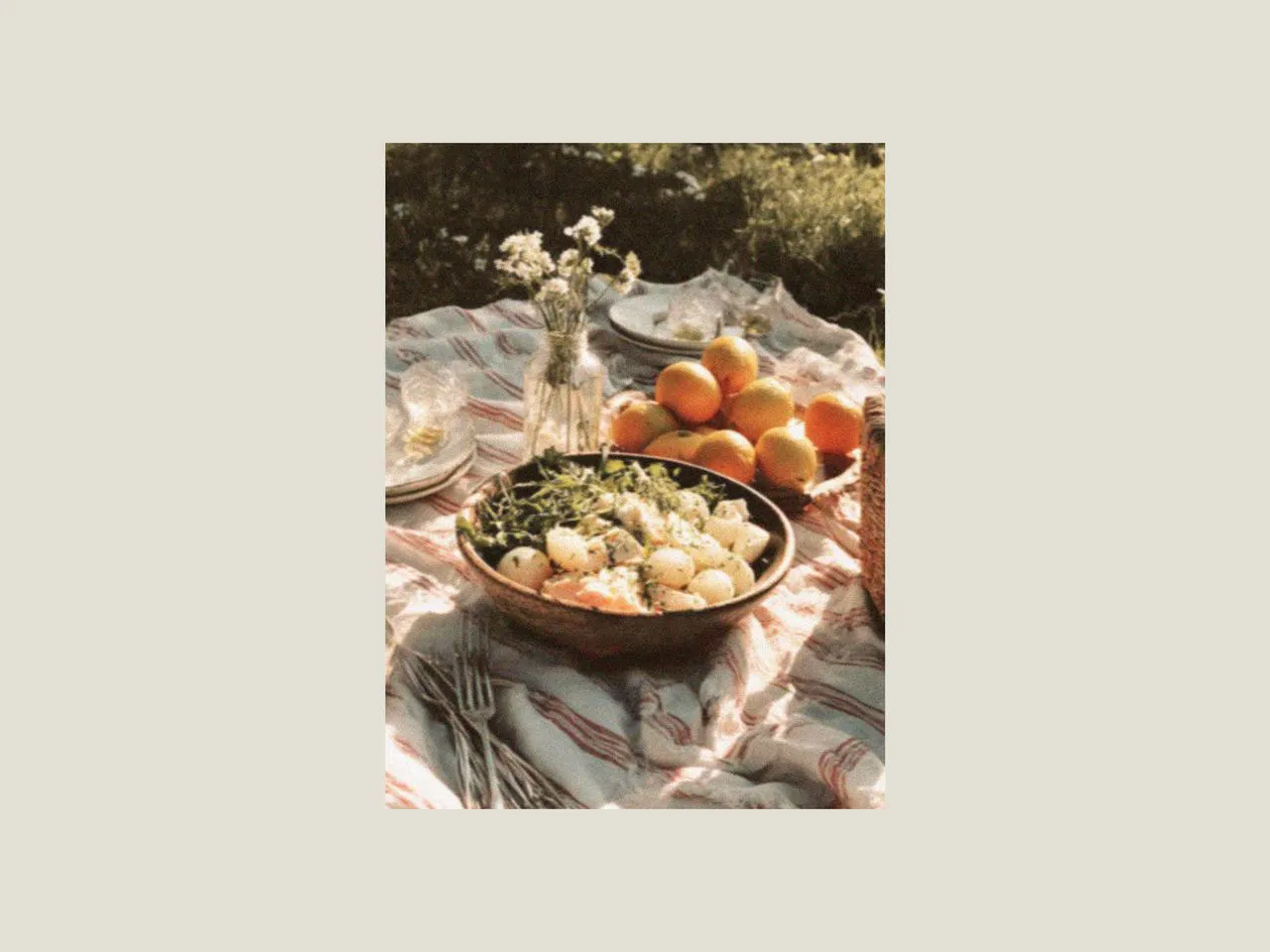 Large salad bowl with chicken and potato salad served on a picnic blanket with salad plates, picnic cutlery, and picnic accessories, creating a relaxed family picnic and picnic afternoon tea setting outdoors.