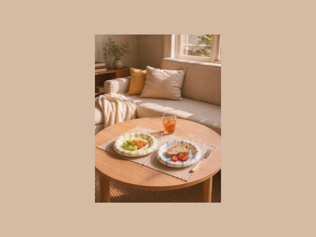 Small table styled with salad plates, fruit salad sweet, and picnic dinnerware, paired with simple picnic accessories and designer tableware for a relaxed indoor family picnic setting.