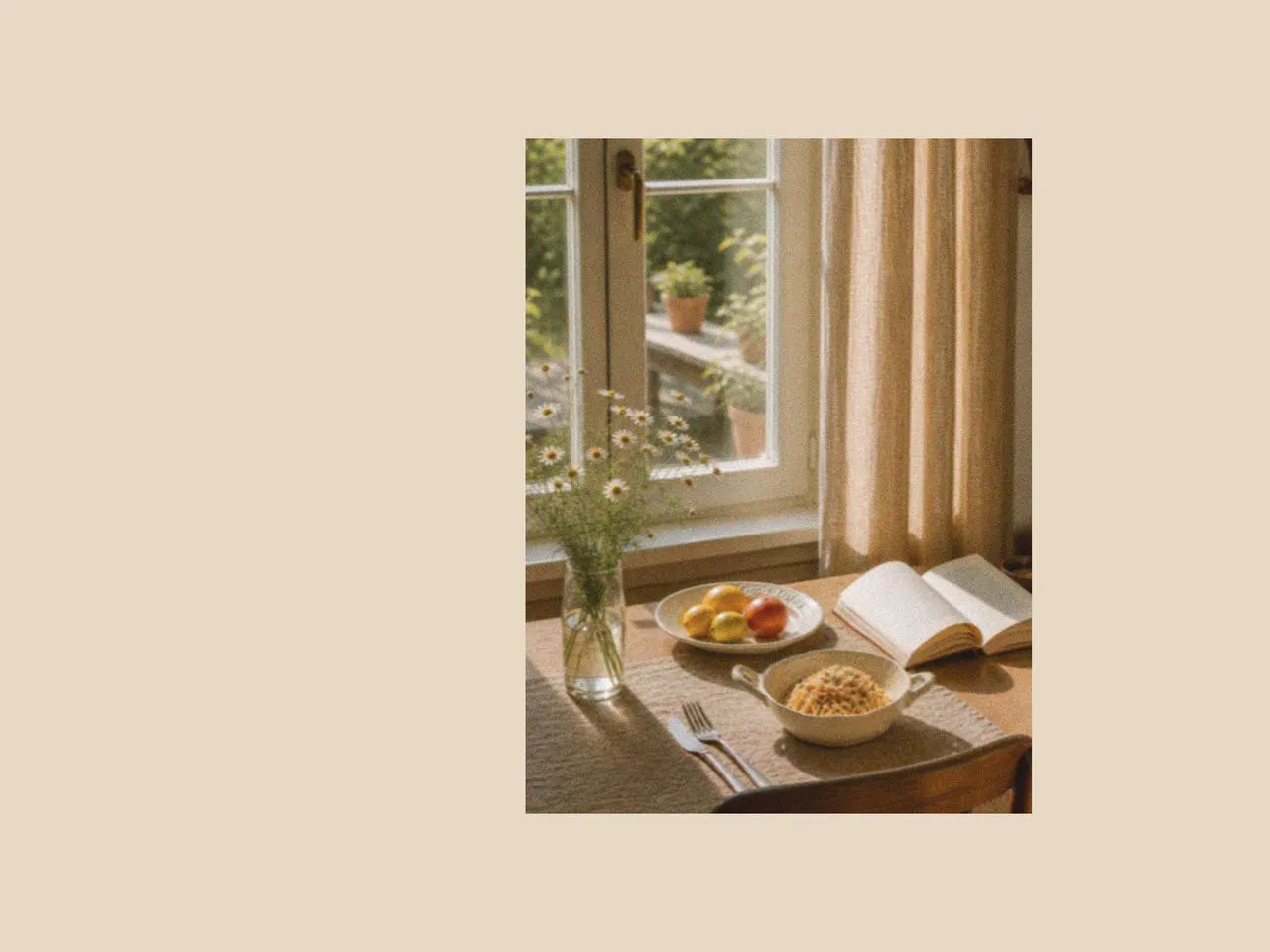 Sunlit table by the window with a serving bowl, ceramic plate, and picnic cutlery, creating a calm family picnic and picnic afternoon tea setting during spring in the UK with simple picnic accessories.