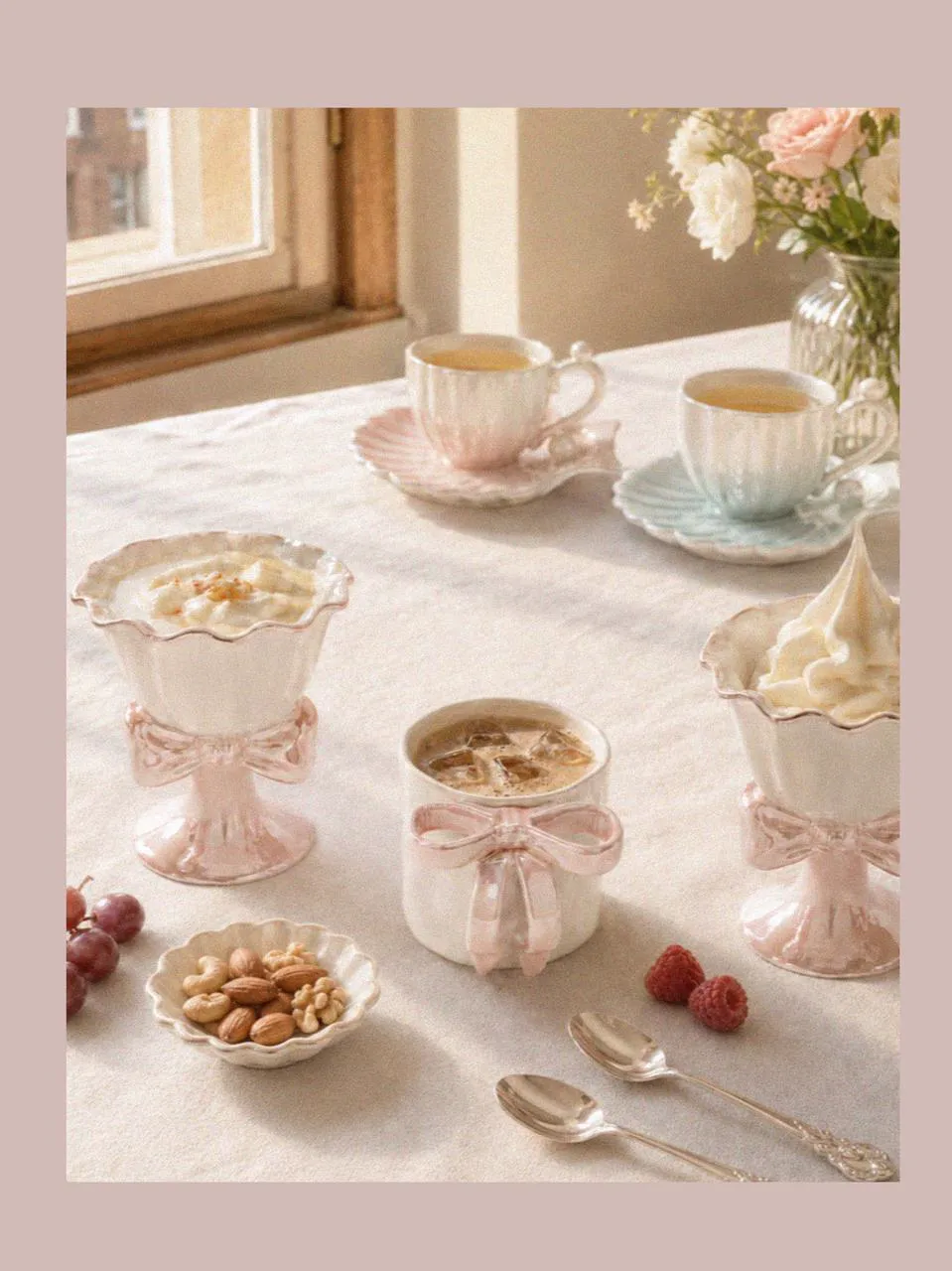 ced coffee mug, ice cream cups, and ceramic coffee mugs arranged on a pale summer table, styled with a ceramic mug set and beach shells inspiration for London during summer.