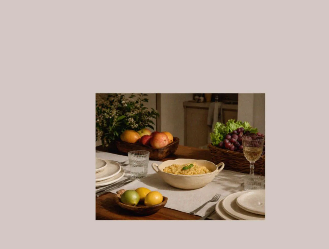 Dining table with a large salad bowl, ceramic dinner plates, and designer tableware, styled as part of a picnic dinnerware set for shared meals and a relaxed family picnic feeling at home.