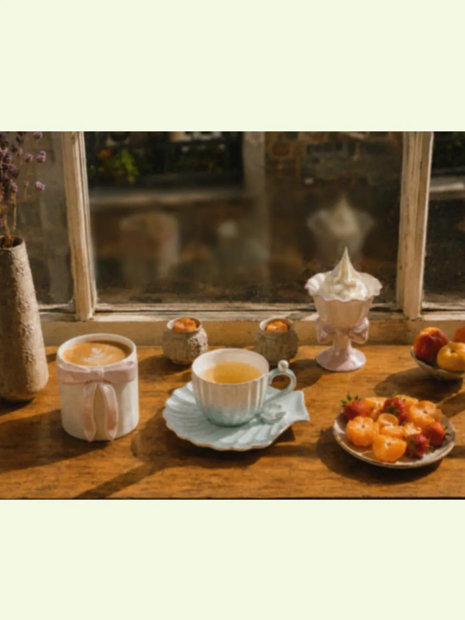Mugs for latte, ice cream cups, and a designer coffee mug arranged by the window with summery things and subtle beach shell inspiration, creating the feeling of a soft mugs gift set in warm summer light.