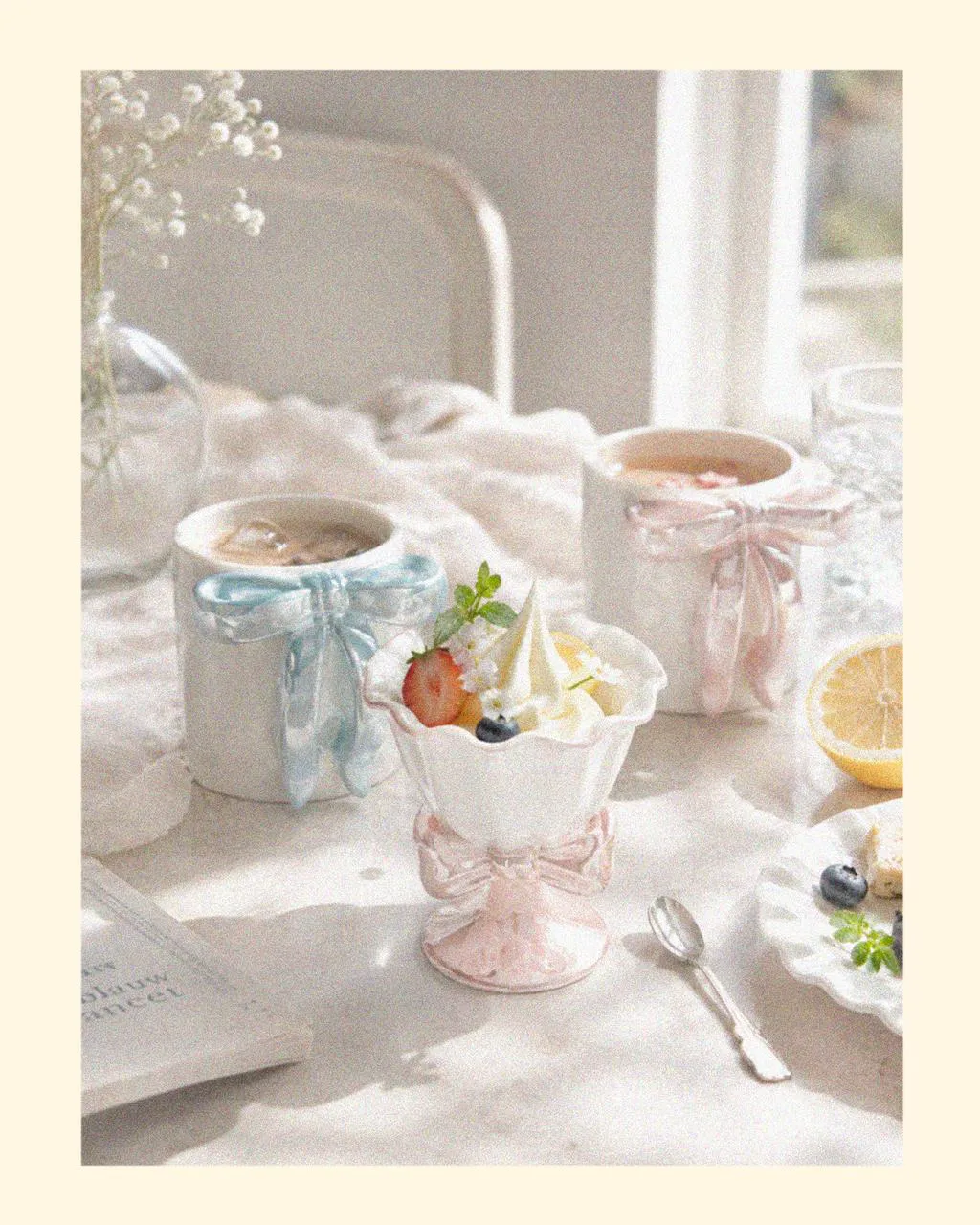 Ocean Aurora Shell Mug styled with elegant ice cream cups and a coordinating mugs gift set, featuring designer tableware inspired by beach shells and perfect as coastal things for the summer.