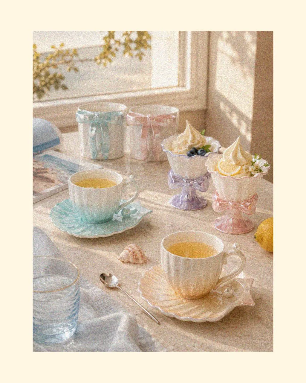Ocean-inspired designer tableware featuring shell-shaped cups and saucers, decorative ice cream cups, a coordinated mugs gift set, and beach shells accents, creating elegant things for the summer and versatile hot chocolate mugs for everyday coastal living.